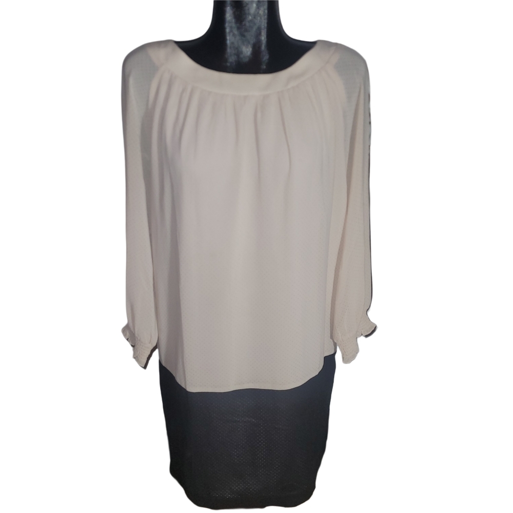 Hem and Thread Cream and Black Colorblock Long Sleeve Shift Dress L